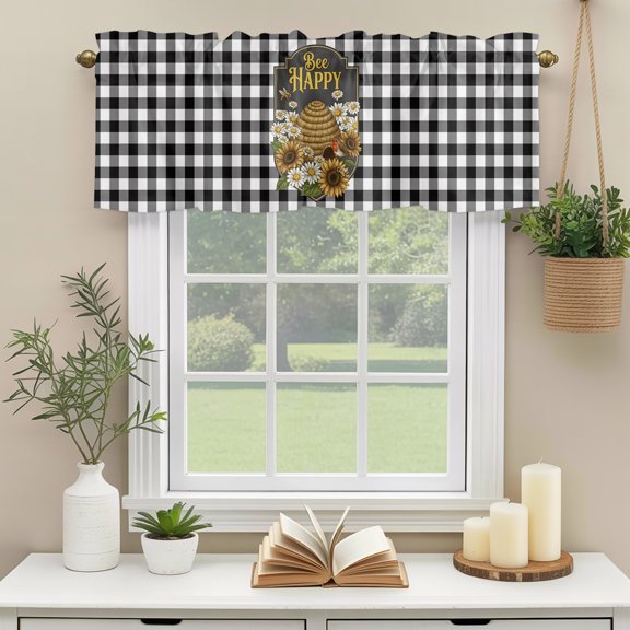 Valances for Windows,Farm Sunflower Daisy Black White Buffalo Kitchen Curtain Valance Short Rod Pocket Panels Rustic Bee Honeycomb Small Window Treatment for Living Room Bedroom Bathroom,54"Wx18"L