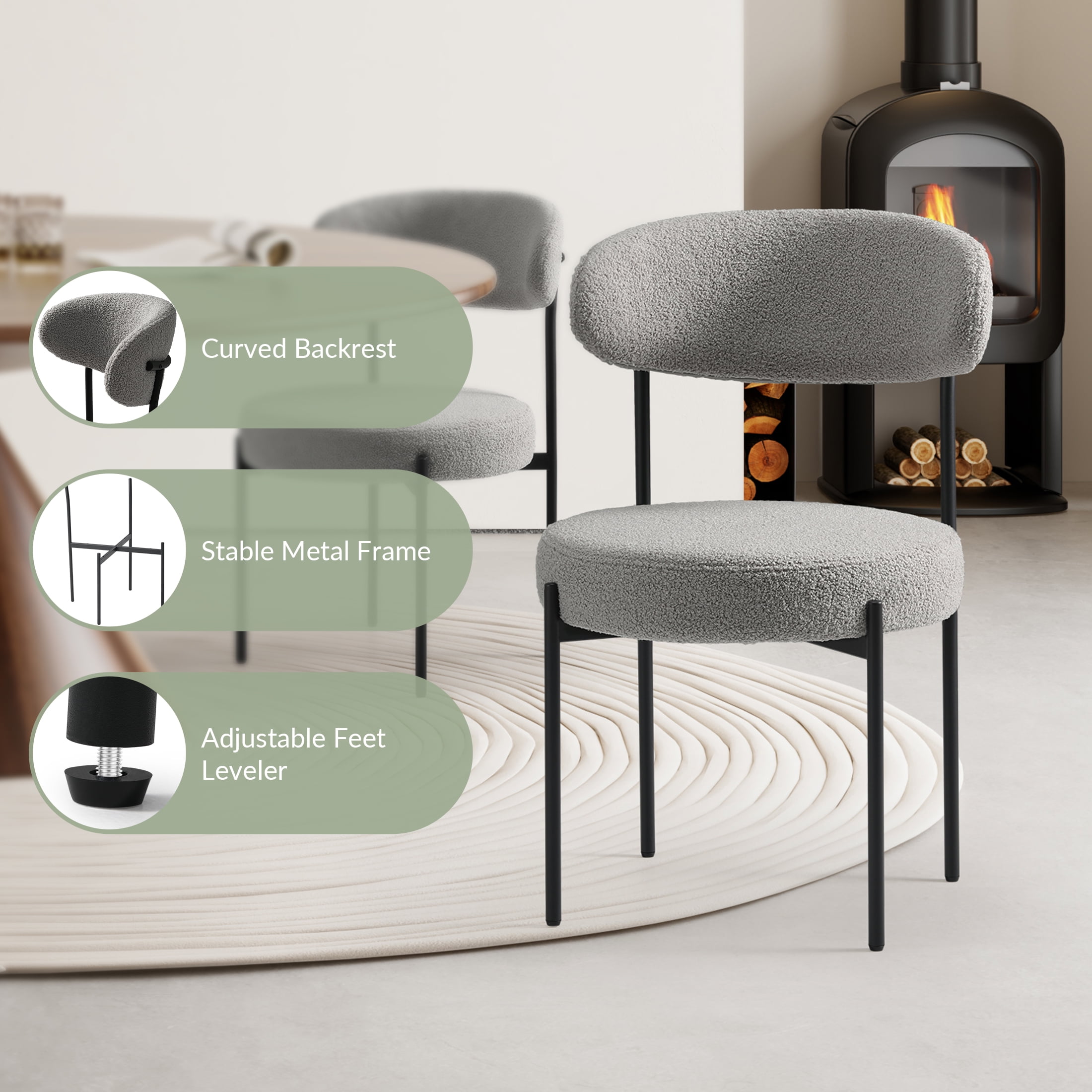 WestinTrends Alexandria Mid-Century Modern Upholstered Sherpa Round Dining Chairs (Set of 6), Light Gray