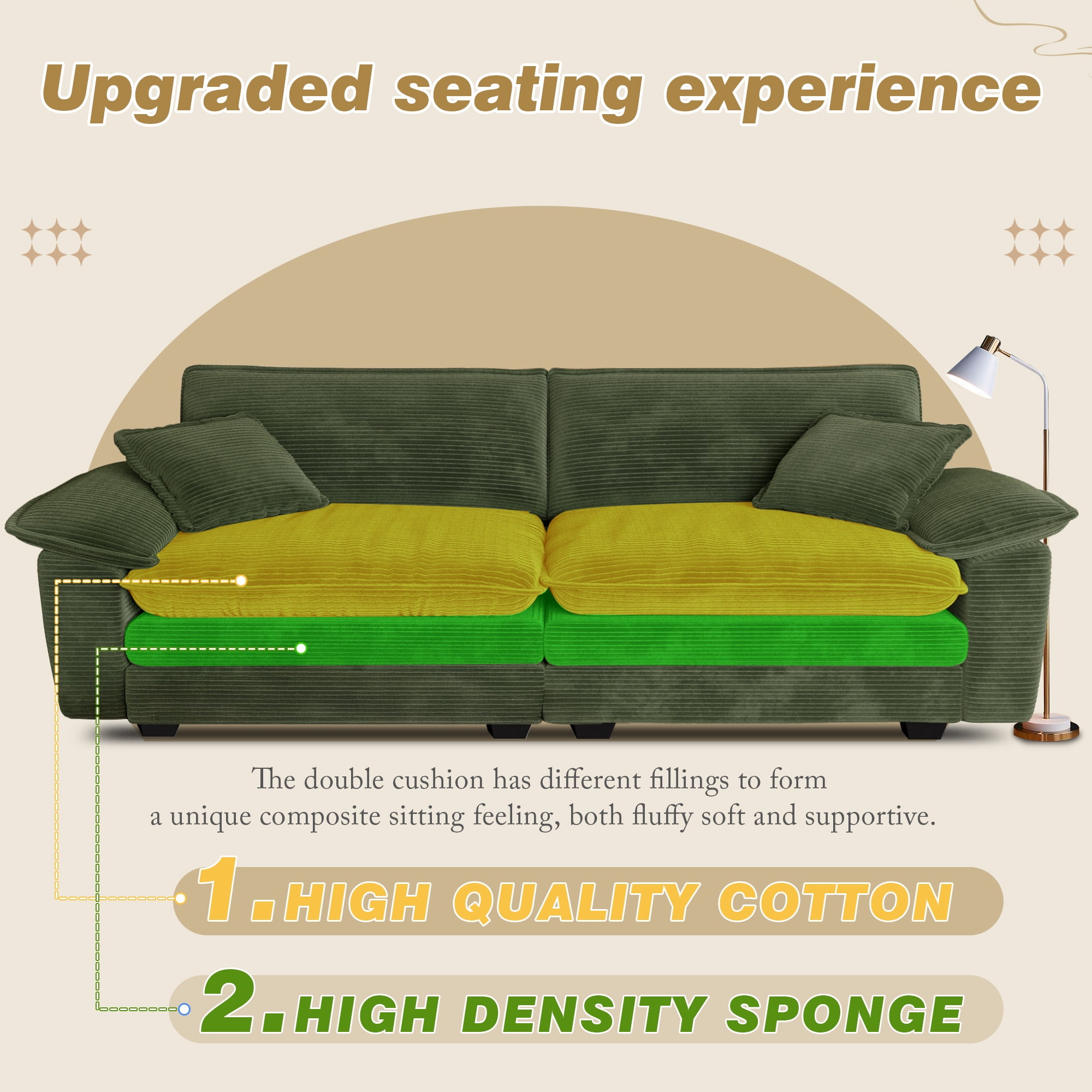 Muumblus Comfy Modular Sectional Sofa with 2 Ottoman, Deep Seat 80.5" Modern Oversized Corduroy Cloud Couch, Fluffy Deep Seat Chaise Lounge Sleeper Sofa for Living Room Apartment, Green