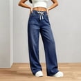thumbnail image 4 of Women's Denim Wide Leg Pants High Waisted Drawstring Loose Fit with Pockets Casual Jeans, 4 of 5