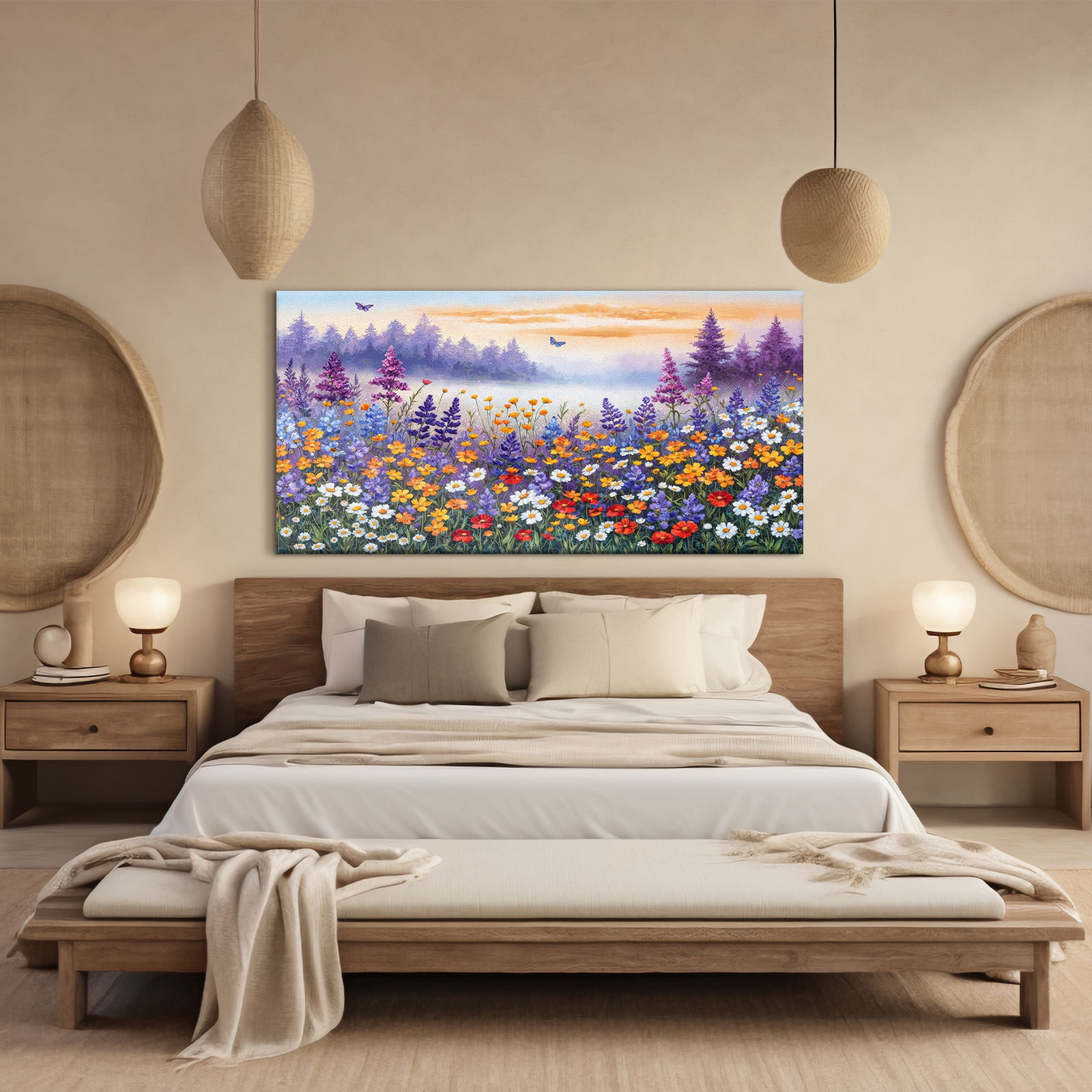 Oversized Floral Paintings, Large Canvas Wall Art for Living Room Bedroom Decor, Abstract Landscape Artwork Nature Flower Pictures Prints for Office Home 48x24"