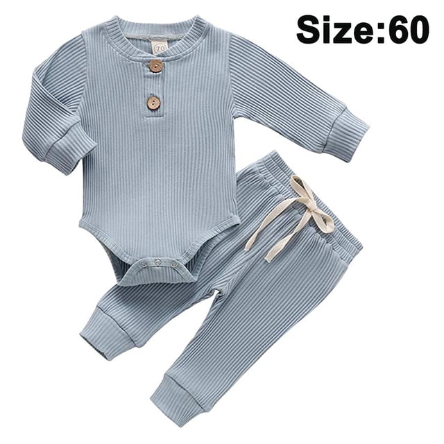 Laklulu - Conjuntos de ropa de otoño para recién nacidos, niñas y niños, mono y pantalones de algodón de punto de manga larga, conjuntos de invierno para bebés, azul claro, talla 60