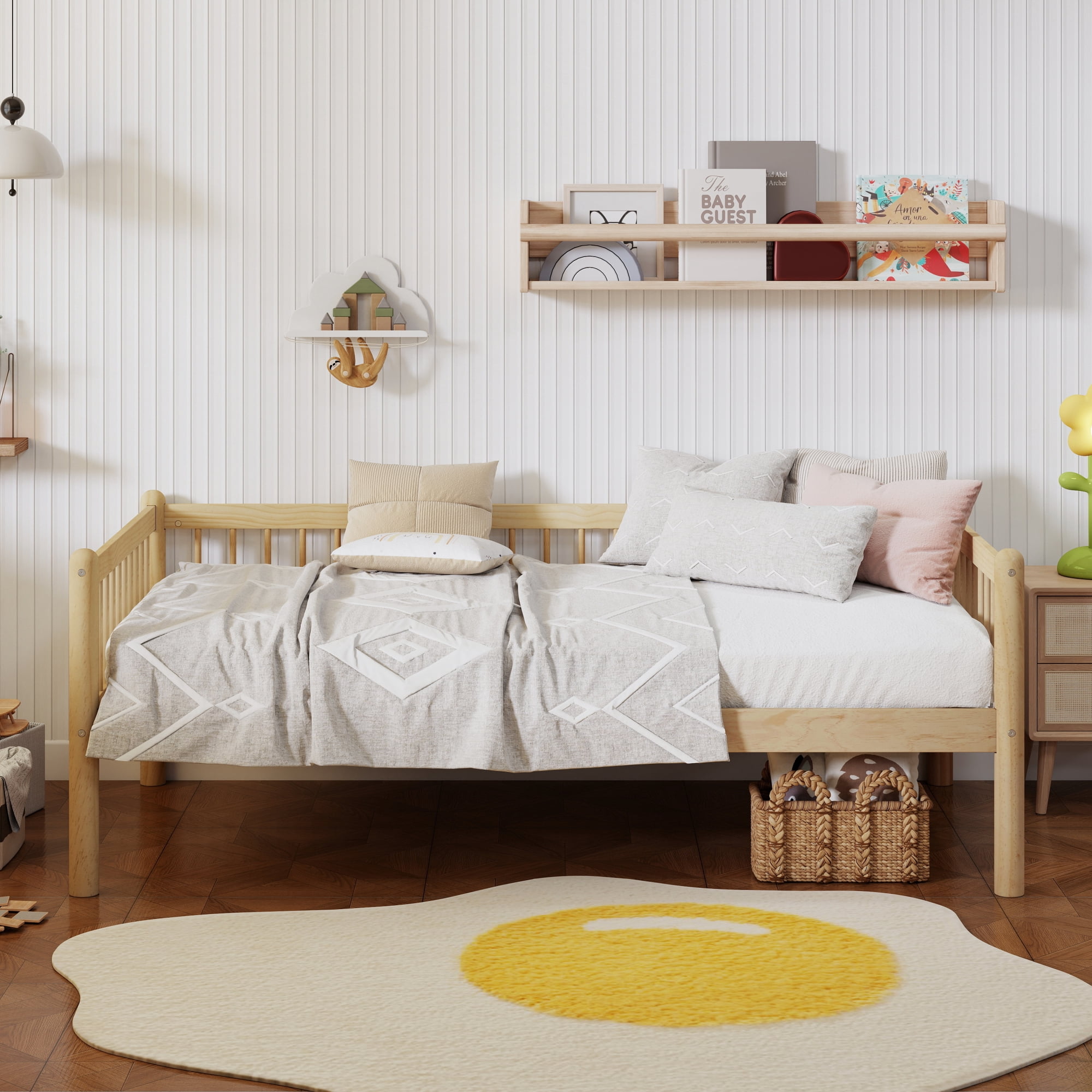 HOQBN Twin Size Pine Wood Daybed, Sofa Bed Frame with 3-Side Guardrails and 10 Support Slats for Bedroom, Natural