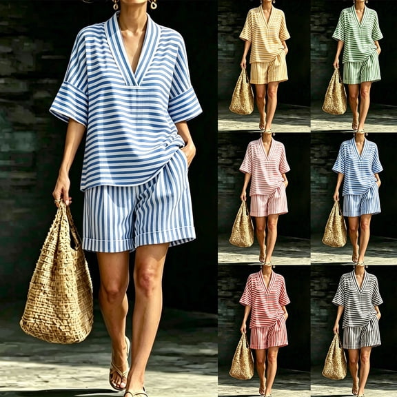 akafmk Womens Striped 2 Piece Sets Oversized V Neck Short Sleeve Shirt and Shorts Set Summer Casual Travel Vacation Outfits