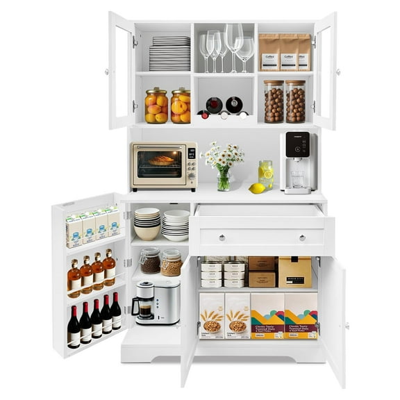 Kitchen Pantry Storage Cabinet with Drawers, Modern White Buffet with Microwave Stand, Tall Hutch with 14 Shelves, White