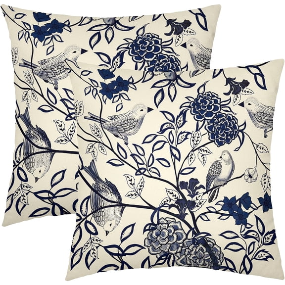 Vintage Floral Bird Pillow Covers 18x18 Inch Set of 2 Navy Blue Flowers Leaves Decorative Throw Pillows For Couch Chinoiserie Square Pillow Cases Home Decor For Sofa Bed Porch Living Room Outdoor