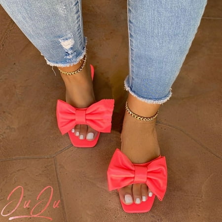 

Women S Slippers Women S Sandals Bowknot Flat Slippers Casual Beach Indoor&Outdoor Shoes Shoes For Women Pu Hot Pink 39