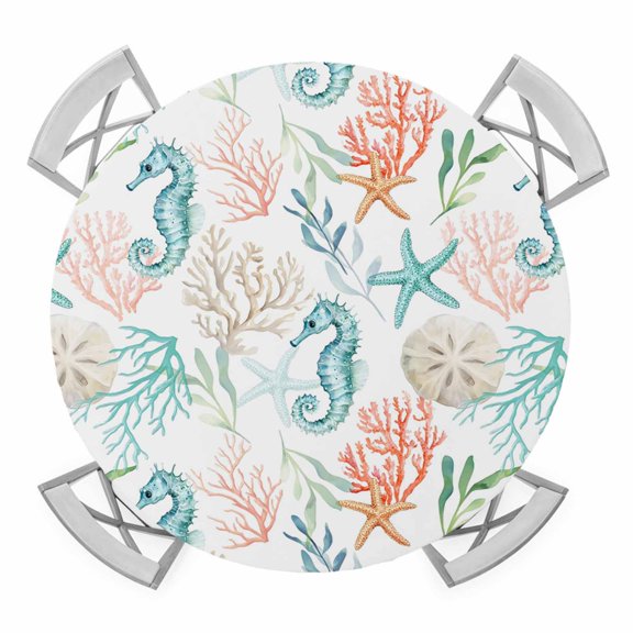 Elastic Fitted Round Tablecloth, Teal Red Seahorse Coastal Waterproof Stretch Table Cover for 45"-54" Tables, Nautical Beach Coral Starfish Washable Outdoor Tablecloths for Patio, Picnic, Camping
