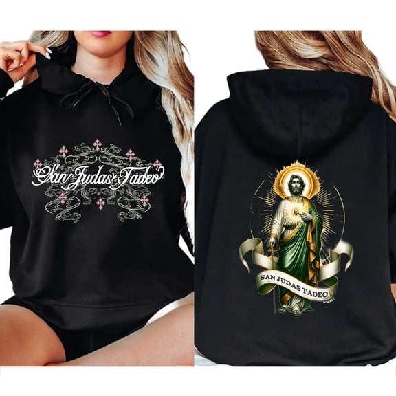 San Judas Tadeo Hoodie – Double Sided St. Jude Devocion Pullover, Catholic Religious Graphic Hoodie, Faith Based Unisex Gift for Men and Women