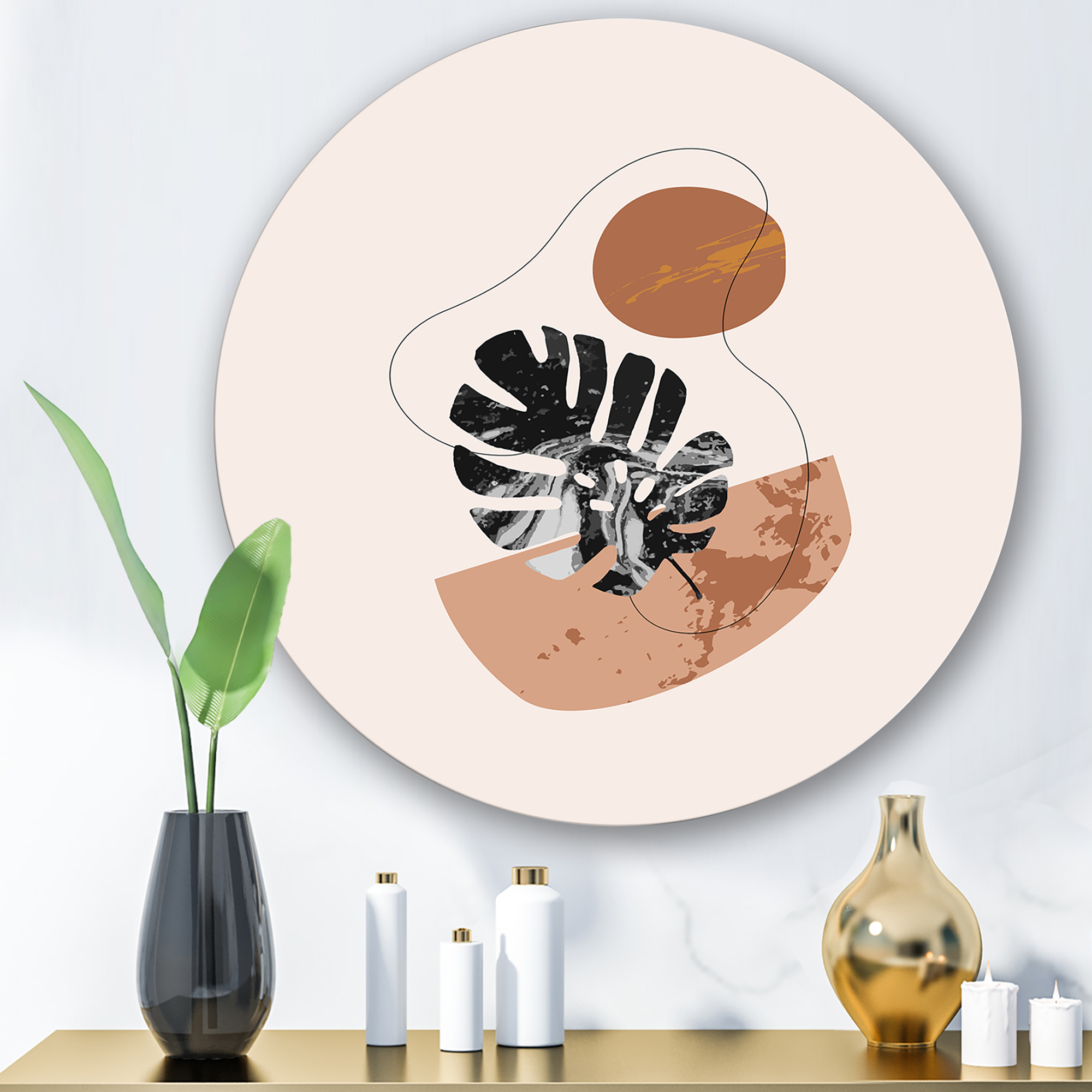 Designart 'Abstract Tropical Monstera Shapes and Leaves' Modern Circle Metal Wall Art 23x23 - Disc of 23