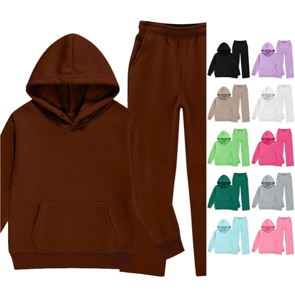 WAYUTE Hoodies for Girls Warm Fall Outfits Long Sleeve Front Pocket Sweatshirts and Wide Leg Bottoms for Tween Solid Color Clothing Set Casual Daily Wear,Coffee,Size 4-5 Y