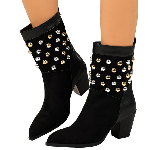 SACFOF Women's Chunky Heel Ankle Boots Round Toe Beaded Short Booties Low Block Striped Heel Boots Metal Buckle Casual Fashion Work Shoes