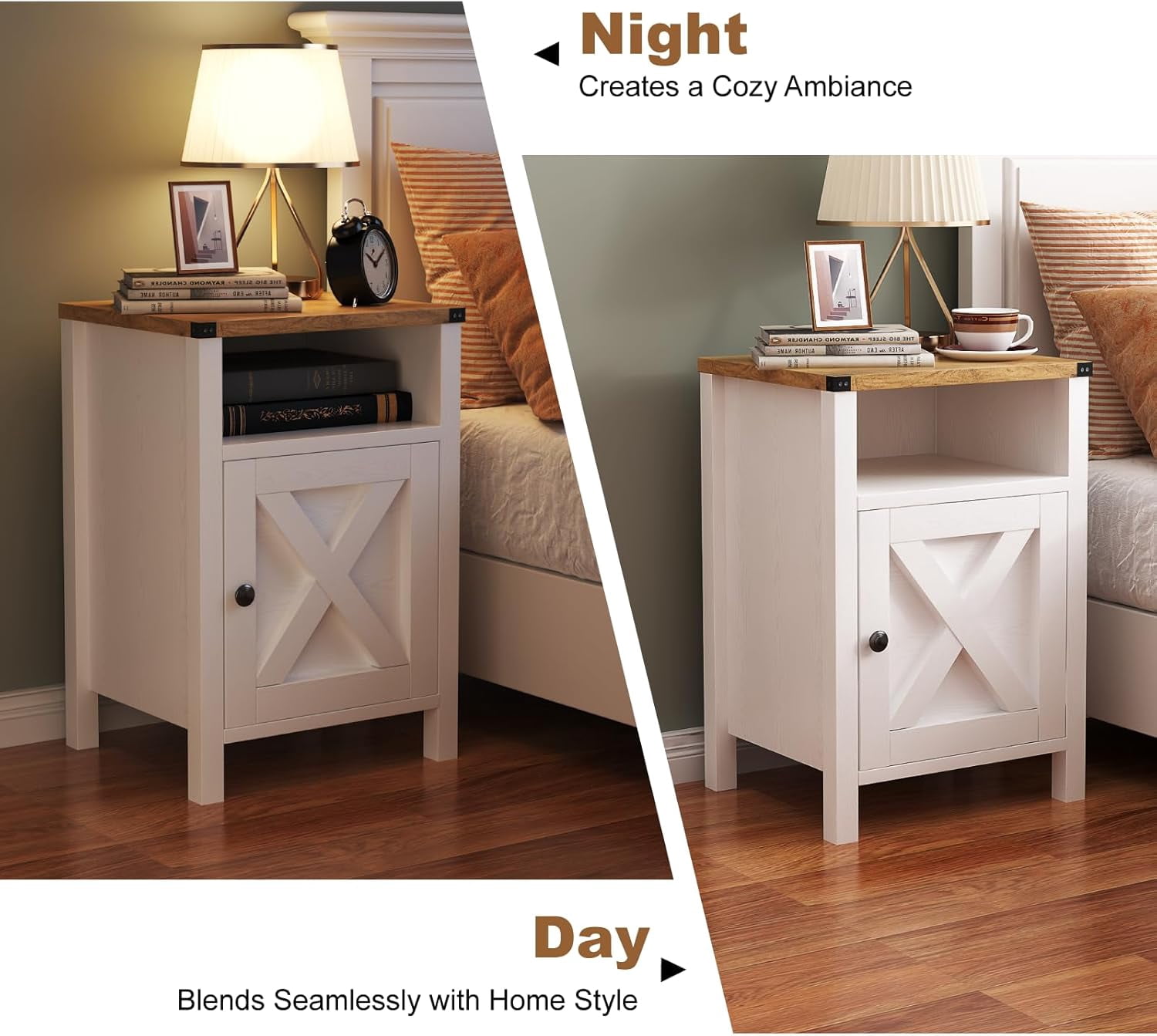 EVOKEDEN Farmhouse Nightstands Set of 2, Rustic Vintage Side End Table w/ Storage & Barn Door for Bedroom Living Room, White