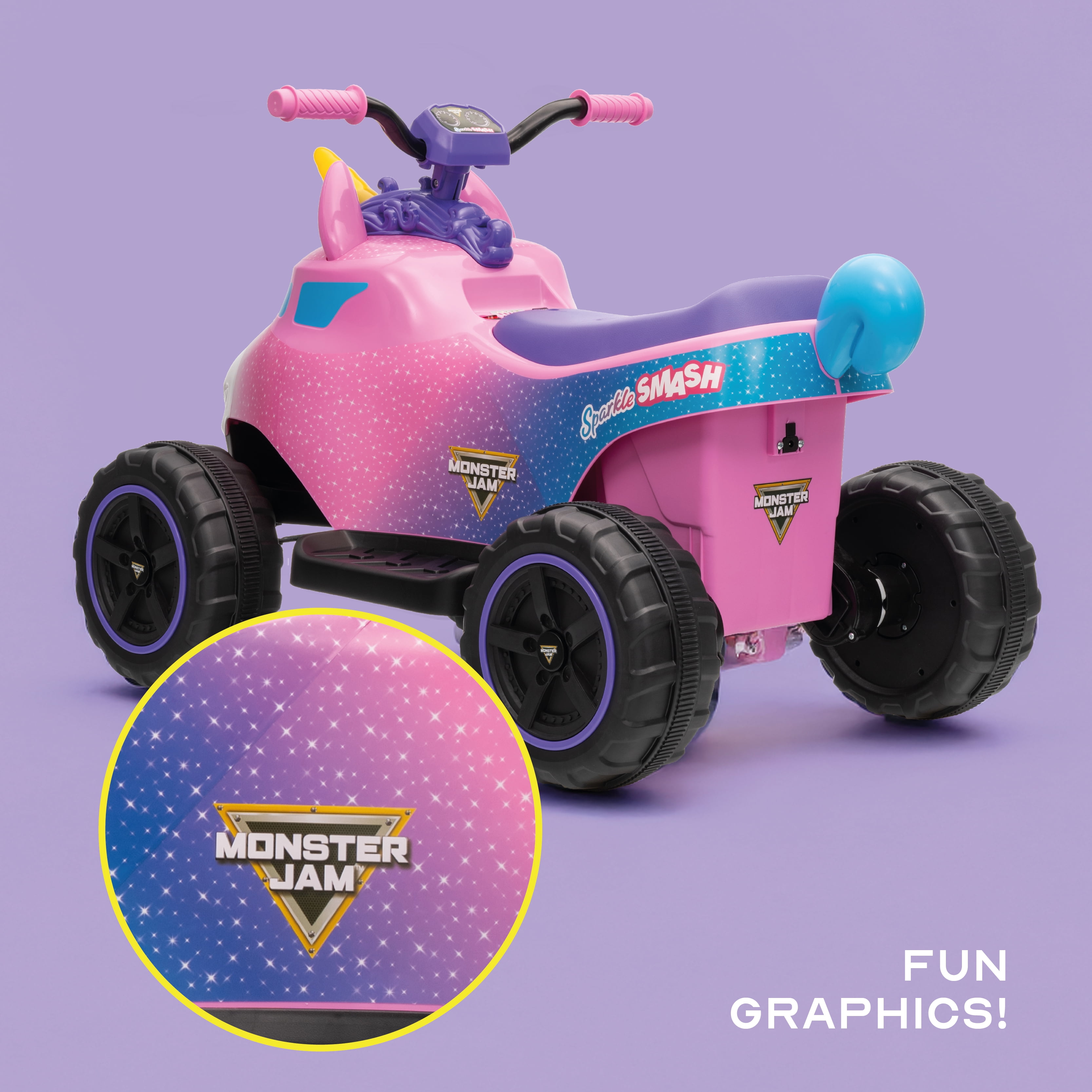 Monster Jam Sparkle Smash 12V Battery-Powered 1 Seat Ride-On ATV for Kids – Forward/Reverse Drive- 3.5 MPH, Rugged Wheels, Unicorn Design with Lights & Sounds