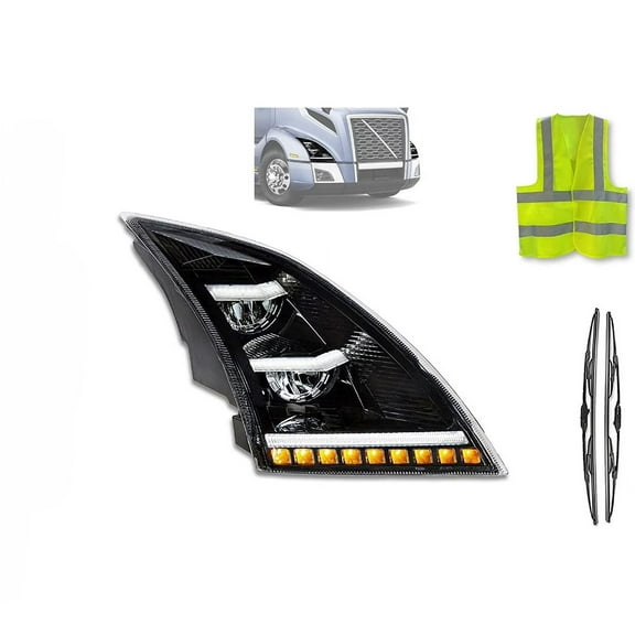 KOZAK LED DRL Sequential Amber Turn Signal Headlight Compatible with Volvo VNL/VNR 2018-2021, Black Passenger Right Side   Logo, 22" Wipers & Vest