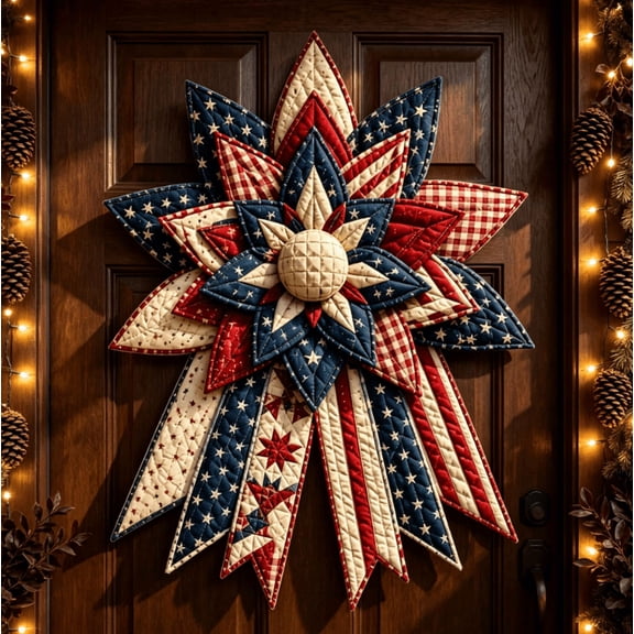 DIY Large Patchwork Bow Sewing Kit, Farmhouse Patchwork Fabric Craft Kit, Complete Sewing Set for Adults, Rustic Door Hanging Decoration and Creative Gift (Patriotic Starburst)