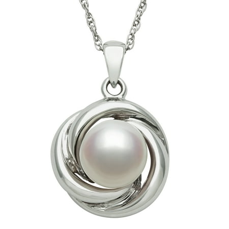 Swarovski Pearl Pendant - 8-9mm Button Cultured Freshwater Pearl Love Knot Sterling Silver Pendant, 18