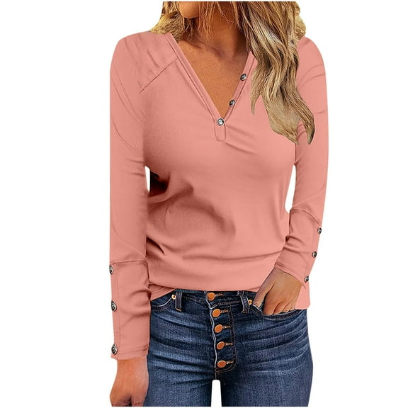 LYXSSBYX Women Long Sleeve Tops Hot Sale Clearance Fashion Woman V-Neck Long Sleeve T-Shirt Autumn Solid Loose Blouse Tops