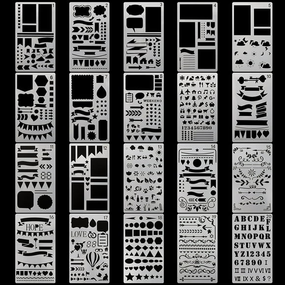 Artistic Creations: 20-Piece Reusable Drawing Stencils Set for Painting, Spray Paint, and DIY Projects - Perfect for Art, Journaling, Card Making, and Wall Decoration