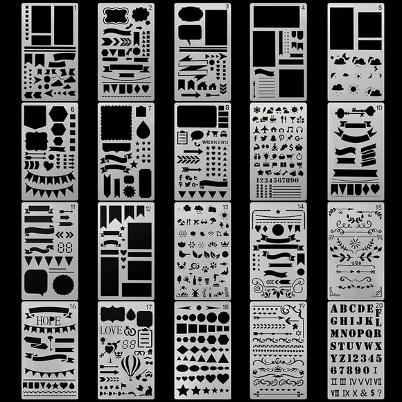 Créations Artistiques: 20 Pochoirs Réutilisables pour la Peinture, la Peinture en Aérosol et les Projets Bricolage - Parfaits pour l'Art, la Journalisation, la Fabrication de Cartes et la Décoration Murale