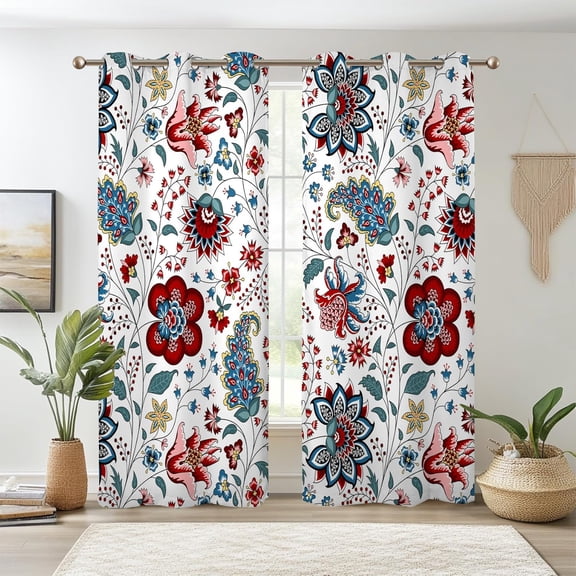 Boho Floral Blackout Curtains, Bohemian Flower Plant Print Thermal Insulated Bedroom Window Curtains, Botanical Art Window Curtains for Kitchen 26"W x 54"L (Pack of 2)