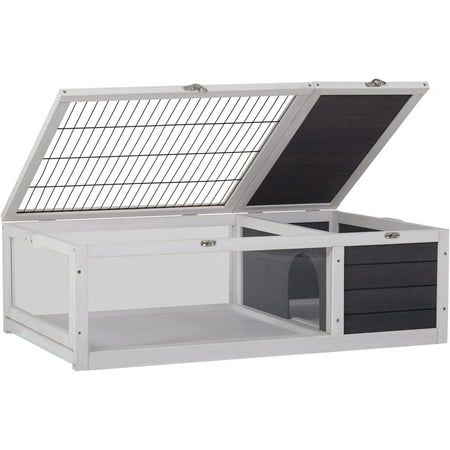 BestPet Large Wooden Tortoise Habitat, Indoor/Outdoor, Gray, w/Rest, Activity Areas & Removable Tray for Small/Med Pets