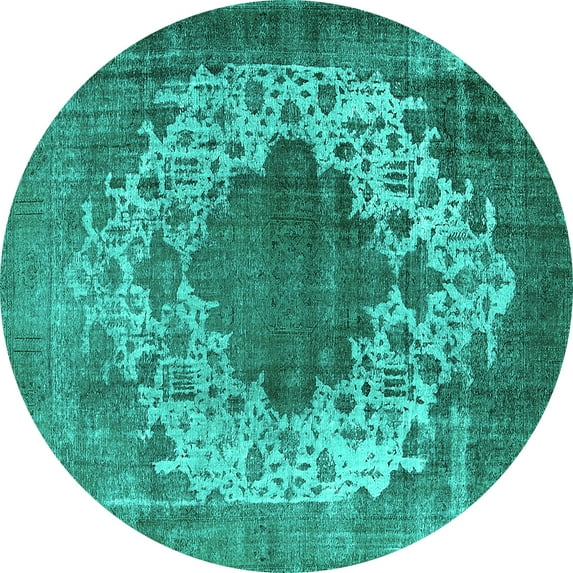 Ahgly Company Machine Washable Indoor Round Oriental Turquoise Blue Industrial Area Rugs, 3' Round