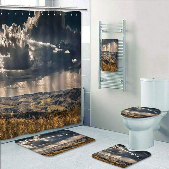PRTAU Puffy Clouds in Sky over Mountains Rough Valley Canyon Natural Wonders Concept 5 Piece Bathroom Set Shower Curtain Bath Towel Bath Rug Contour Mat and Toilet Lid Cover