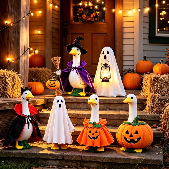 Dmlowu Halloween Porch Goose Outfits, Pumpkin Witch Ghost Goose Outfits for Outdoor Porch Garden Lawn Goose Statue, Halloween Decorations Trick or Treat