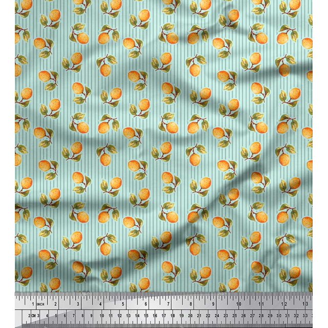 Soimoi Green Rayon Fabric Stripe & Orange Fruits Decor Fabric Printed Yard 56 Inch Wide