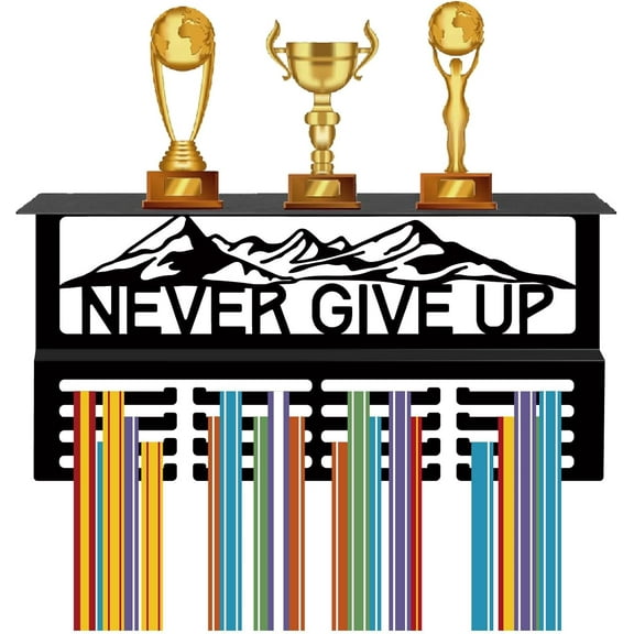 Never Give Up Medal Hanger Display Trophy Shelf Medal Holder with Shelf Stand Sports Mountain 4 Rows Metal Hanging Wall Mount Hold 70  Medals for Competition Ribbon Medals Rack 15.7x7.9Inch