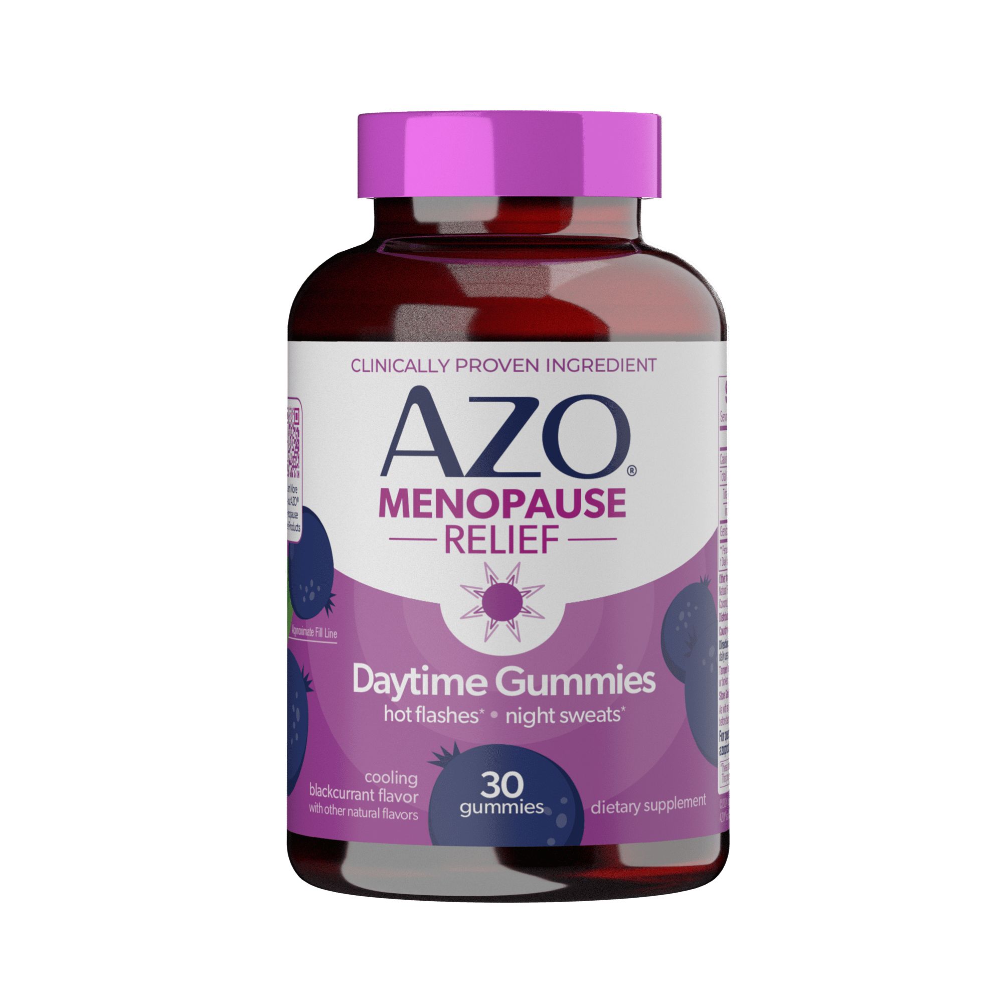 AZO Menopause Relief Daytime Gummies Daily Supplement, Eases Mood Swings, Hot Flashes, & Night Sweats, Cooling Blackcurrant Flavor, 30 Count