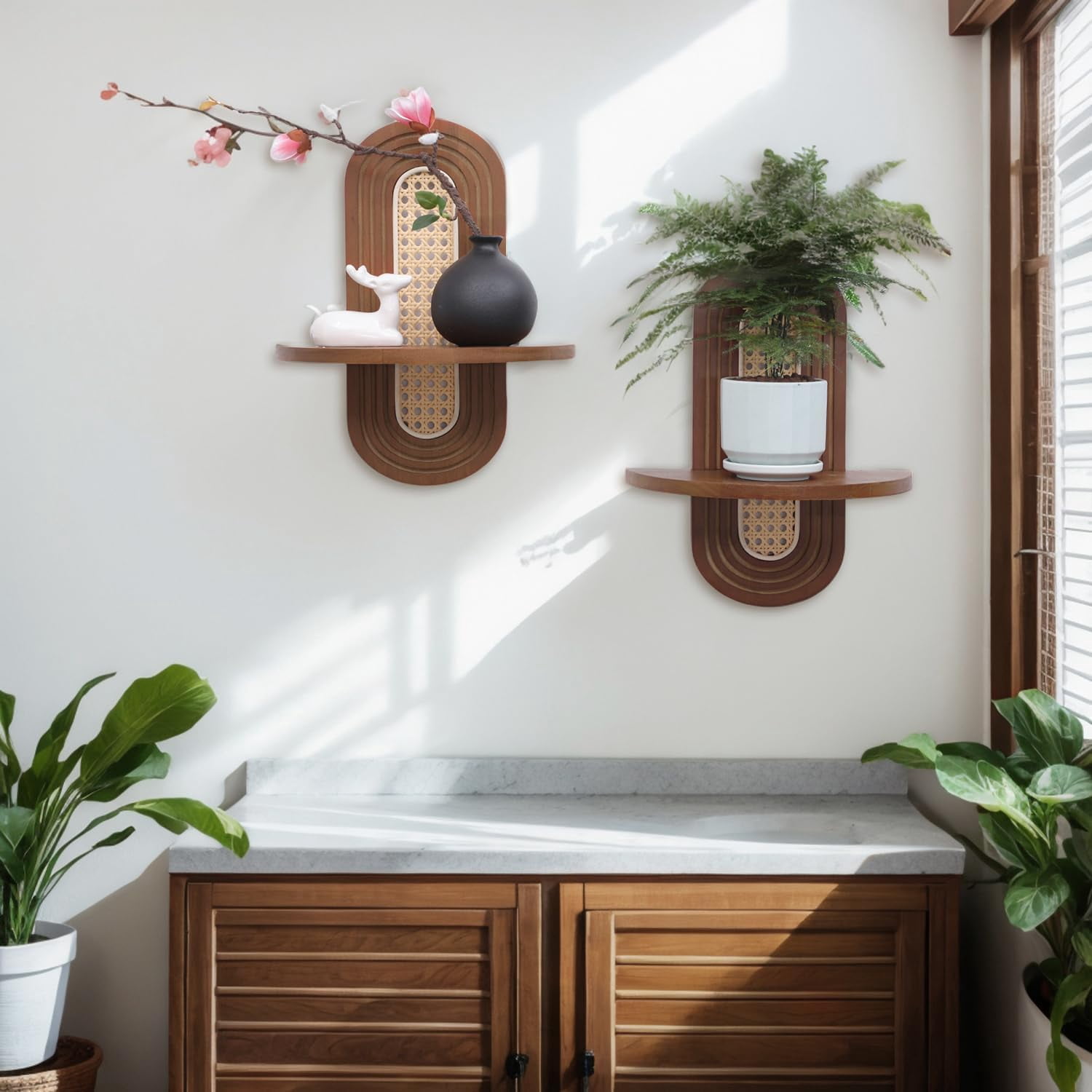 Floating Shelves for Wall, Boho Rattan Shelf Set of 2, Nature Wood Shelves for Living Room, Bedroom
