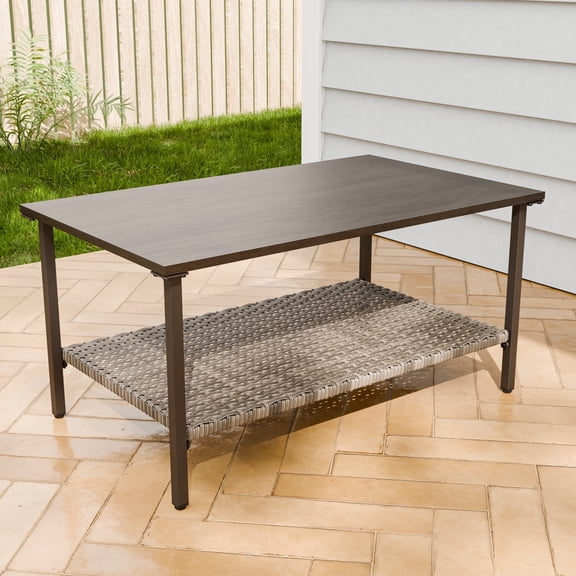 INTER HUT Brown Patio Steel Rectangular Coffee Table with Wood Grain Top, Wicker Shelf, Indoor & Outdoor Use