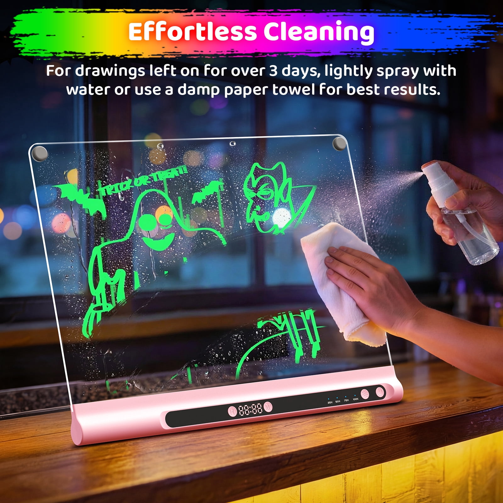 16" Rechargeable LED Drawing Board with Timer & 9-Color Adjustable Neon Glow – Includes 6 Markers, Dry Erase Light-Up Memo Board with Stand for Kids, Family & Office (pink)