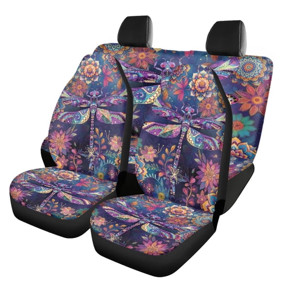 Pzuqiu Vibrant Dragonfly and Blooms Car Seat Covers 3 PCS Car Seat Covers Full Set Interior Interior Decor Suitable for Truck Sedans