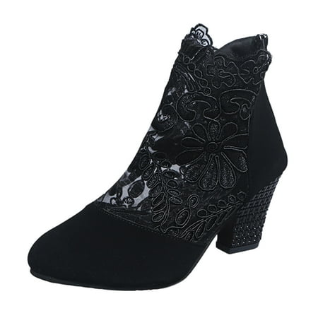 

OAVQHLG3B Ethnic Style Women s Net Yarn Breathable Flowers Zipper Casual High Heel Sandals