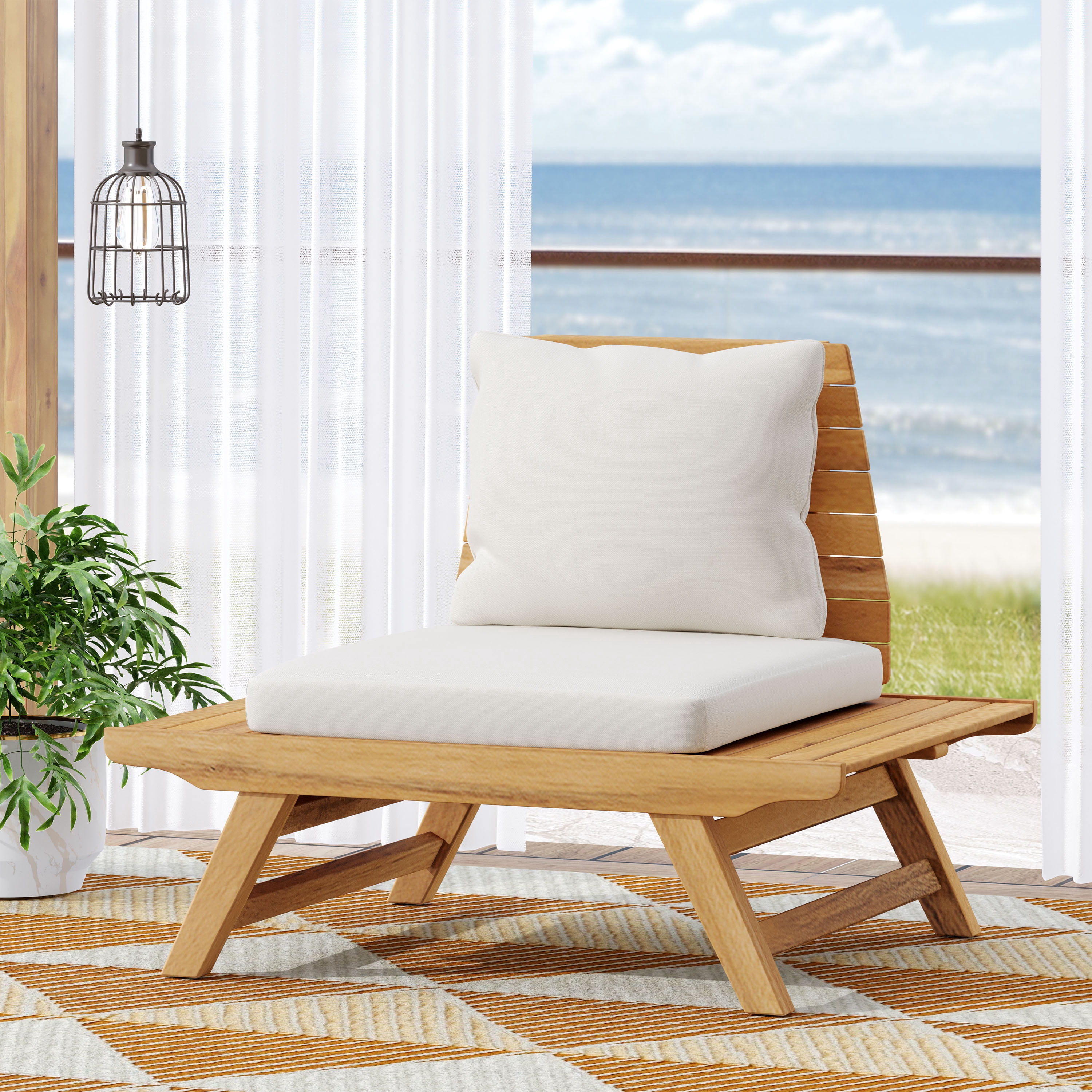 Outdoor Single Acacia Wood Club Chair, Leisure Relax Seat for Patio Garden, White