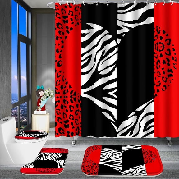 Poedist 4Pcs Shower Curtain Set, Bathroom Sets with Shower Curtain and Rugs, with Non-Slip Rugs,Toilet Lid Cover,Bath Mat and 12 Hooks,71 x 71 Inch,Red Heart Leopard Print