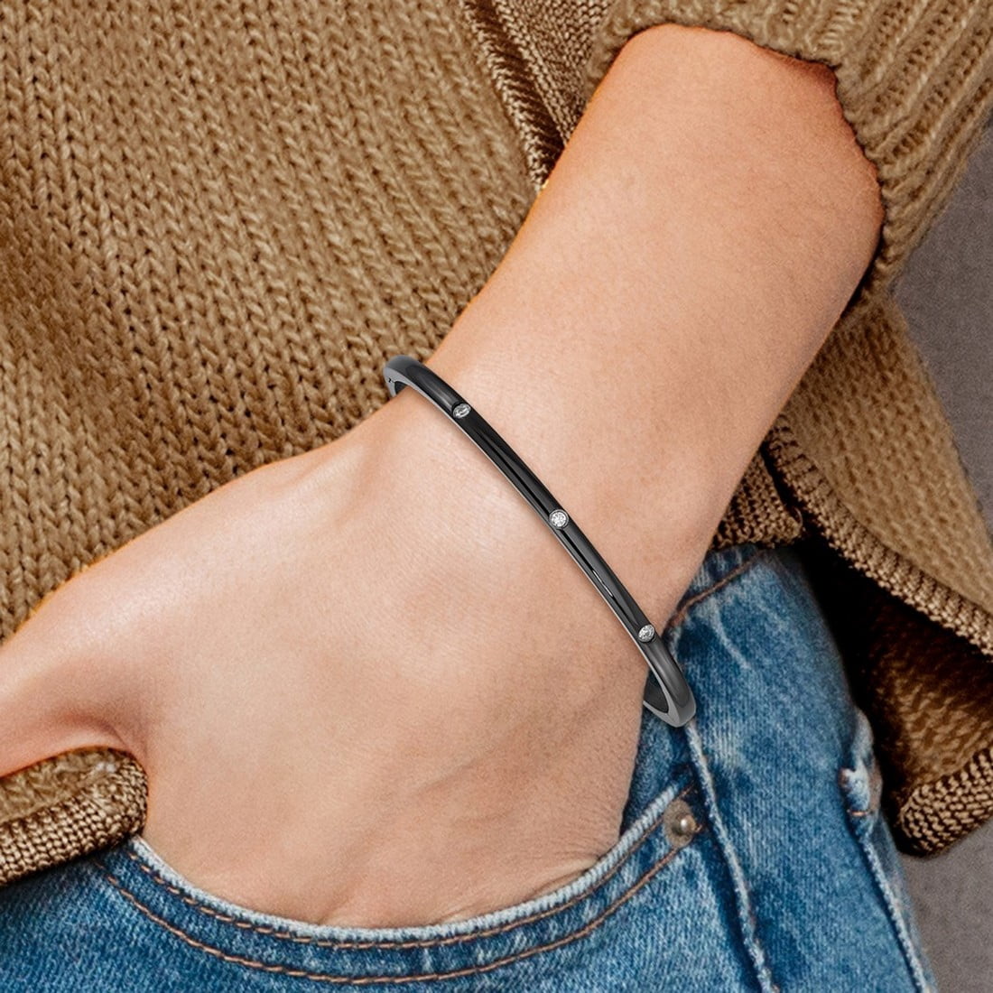 CZ Stainless Steel Polished Black IP-Plated Bangle