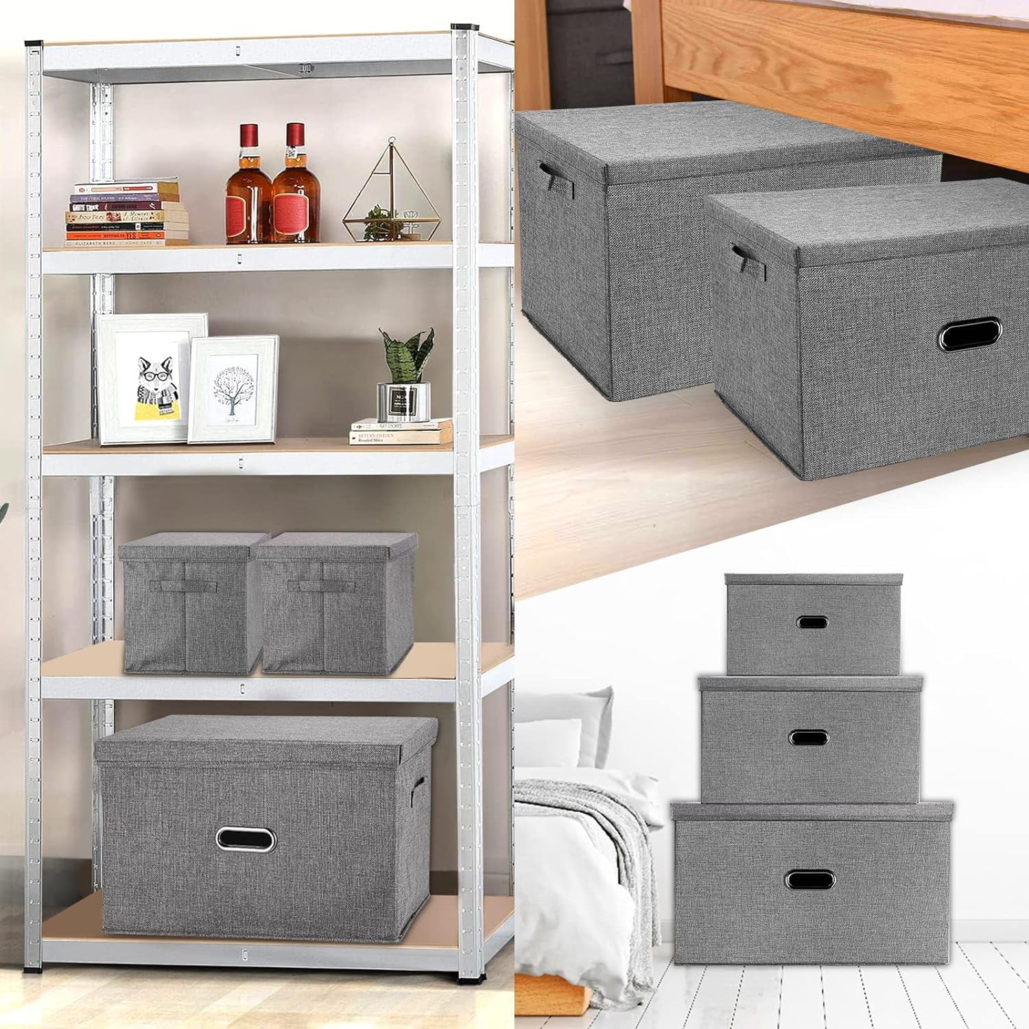 Large Linen Fabric Foldable Storage Bins with Removable Lid and Handles, Washable Storage Box Organizer Containers Baskets Cube with Cover for Bedroom,Closet,Nursery (, XXL(2-Pack))