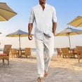 thumbnail image 2 of Mens Loungewear Sets Men's Long Sleeve Button Shirt and Full Length Pants Solid Color Breathable Linen Two Piece Set for Home Yoga Casual Wear Outdoor Beach Lightweight White XXL, 2 of 6