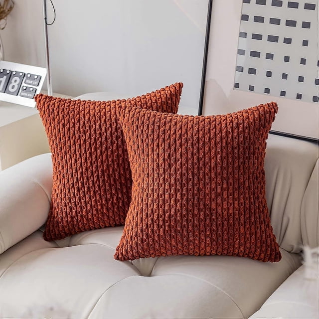 Juego de fundas de cojín cuadradas decorativas de pana a rayas, suaves y lisas, para sofá o dormitorio, 2 unidades, 40,6 x 40,6 cm, color ladrillo quemado.