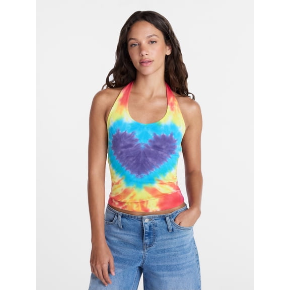 No Boundaries Pride Heart Tie Dye Halter Cotton Tank Top, Women's XXS-XXL