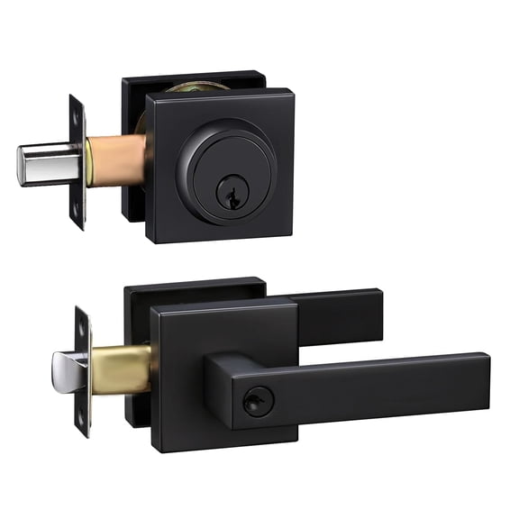 Exterior Door Lock Set with Deadbolt Lock - SquareFront Door Handle Set and Single Cylinder Deadbolt Lock Matte Black Front Door Handle and Deadbolt Set