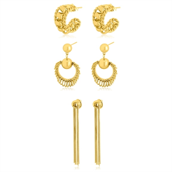 JeenMata Multiple 3 pcs Textured Hoop, Fringe, and Fringe-Crescent Earrings Set in Yellow Gold Plated