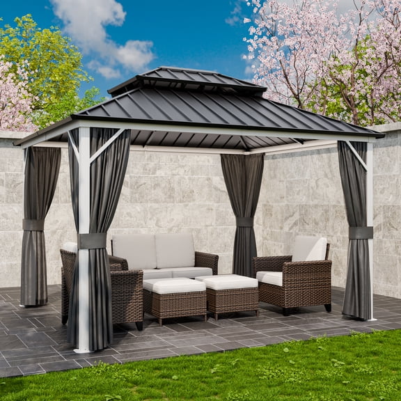INTER HUT 10x12 FT Galvanized Steel Double Roof Gazebo with Aluminum Frame Gazebo with Curtain and Netting, White/Gray