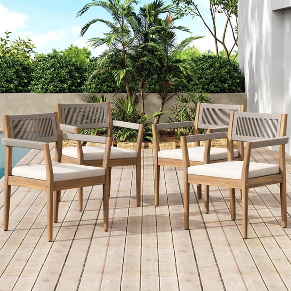 Miekor Braided Acacia Wood Outdoor Dining Chairs Set of 4 – Teak Look with Beige Rope & Cream Cushions, Armrests – All-Weather Patio Furniture for Garden, Poolside, and Backyard (Durable & Stylish)