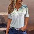 thumbnail image 2 of Floral Print Henley T-Shirt for Women, Short Sleeve V-Neck Button Top - Soft Summer Casual Tee with Slim Fit Light Green XXL, 2 of 8