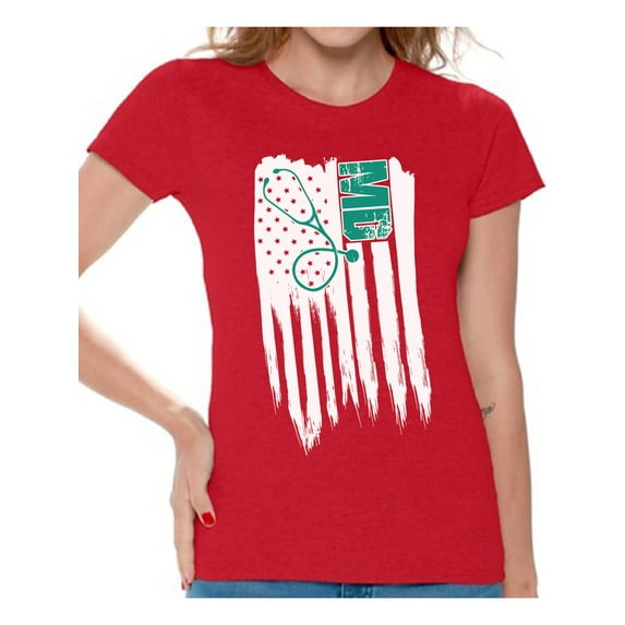 Awkward Styles American Flag MD Medic Women Shirt Love USA USA Flag Medic Women T shirt I'm American USA Doctor Tshirt for Women 4th of July Gifts Vintage USA Medical Women T-shirt